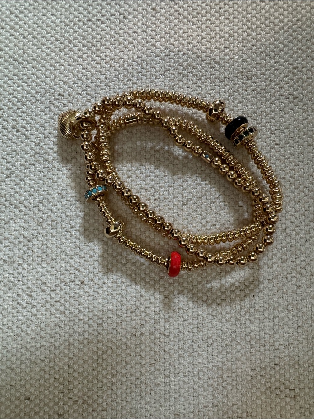 Roxanne Assoulin Beaded Stack Bracelet. Red, Black and Turquoise and Heart Beads